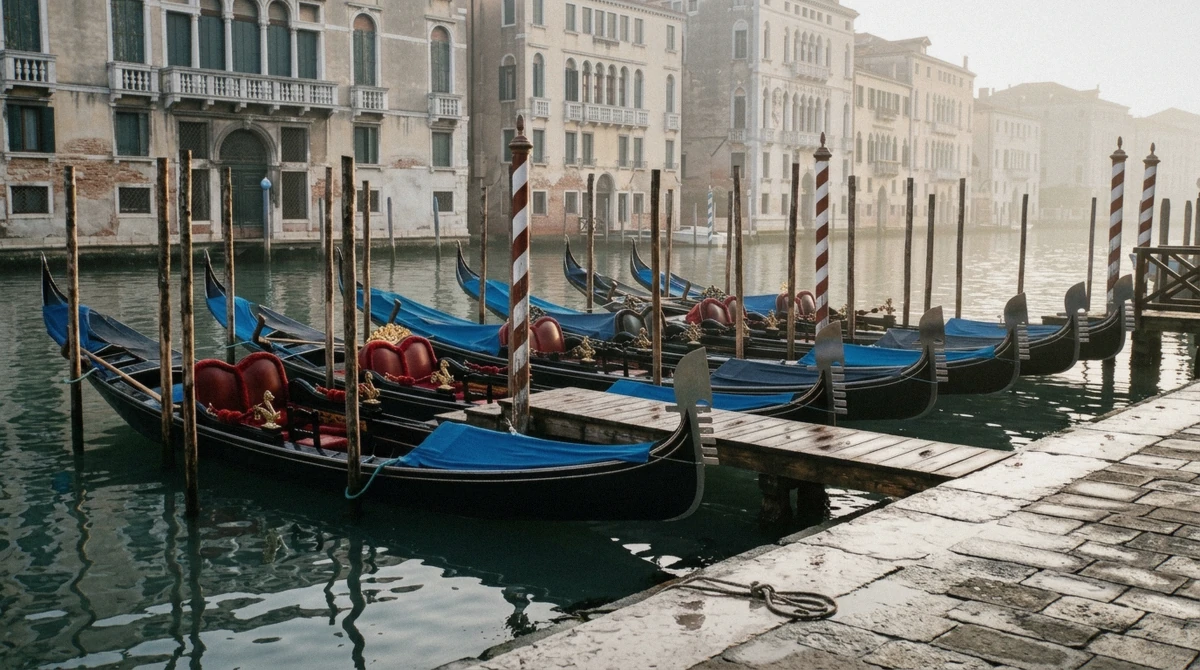 Row of moored black gondolas with brass fittings waiting at an official gondola station in Venice, Italy, early morning