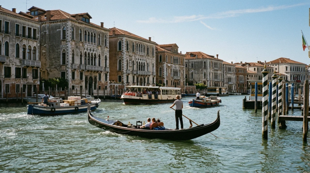 Gondola on the open Grand Canal near the San Marco gondola stations in Venice, Italy