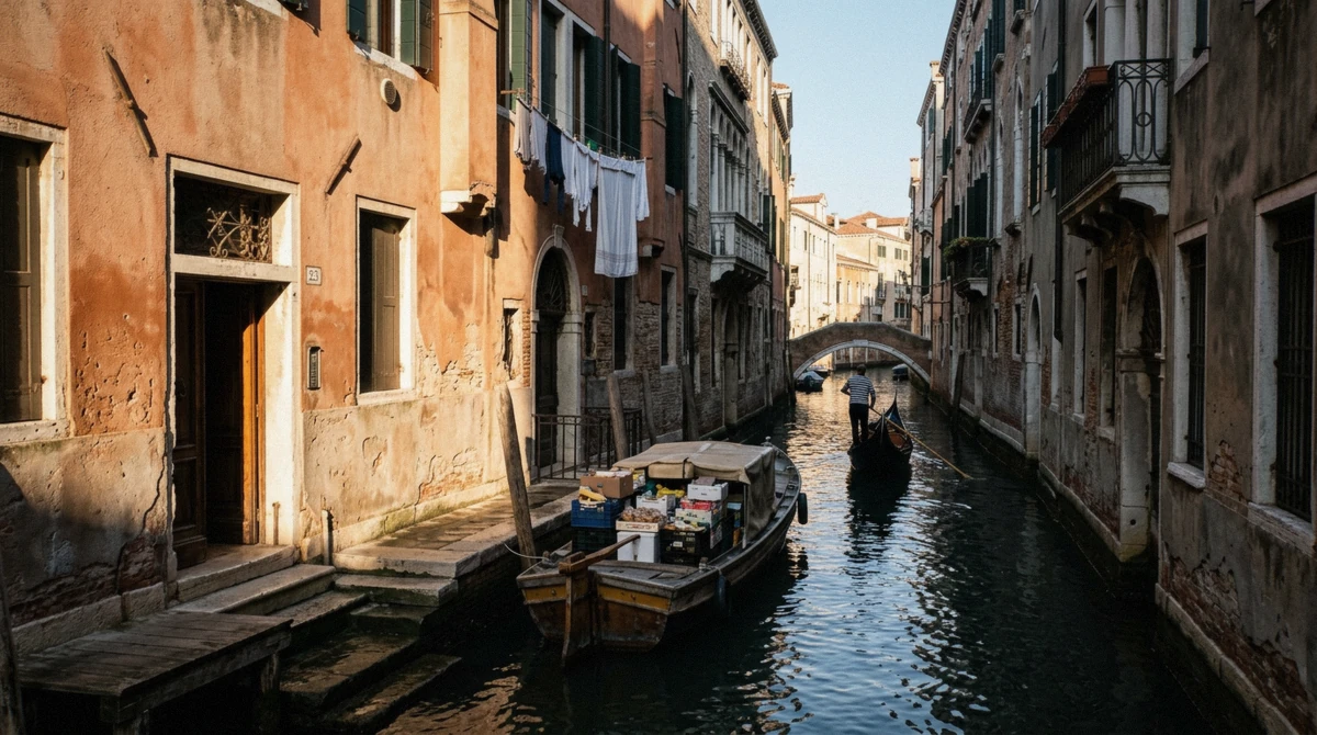 Still, empty Venetian canal early in the morning with one gondola approaching
