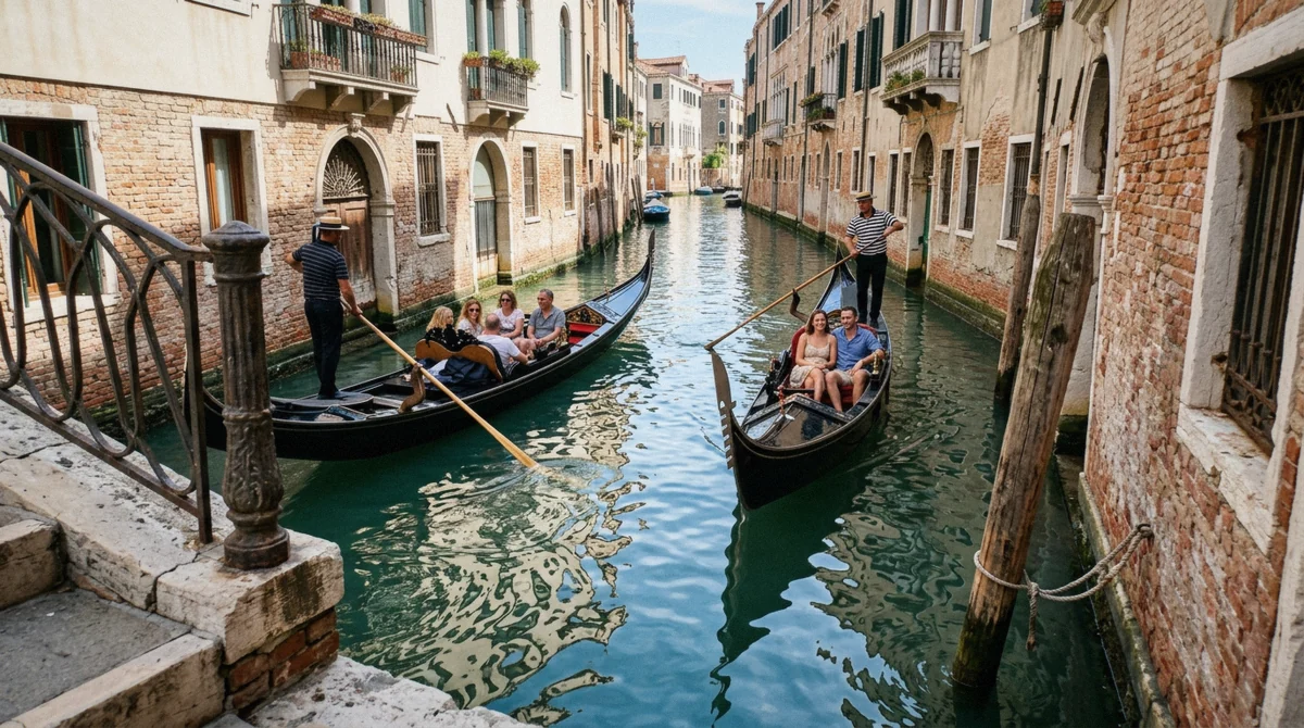 Two strangers and a couple seated together in a shared gondola on a canal in Venice, Italy, gondolier rowing from the stern