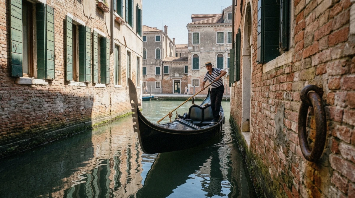 Gondola turning out of a narrow side canal near a gondola station in Venice, Italy