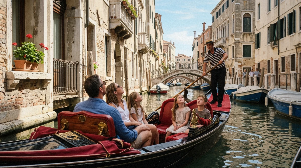 One child seated beside a parent on a gondola ride in Venice, seen from behind on a Grand Canal crossing