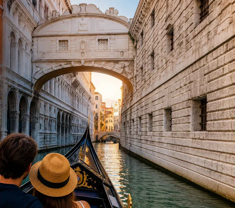 Semi-private gondola with two passengers in a quiet side canal near the Bridge of Sighs on a gondola ride in Venice, Italy